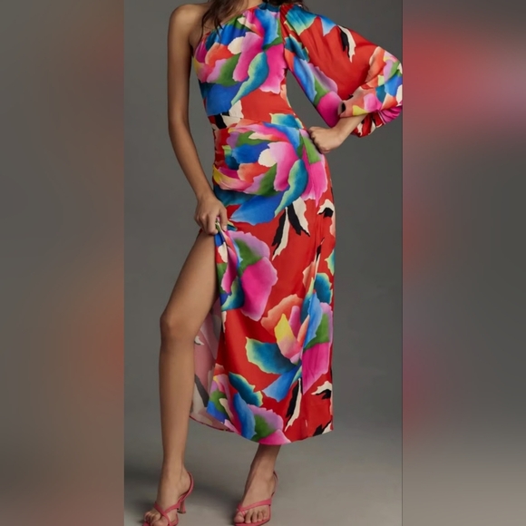 FARM Rio Dresses & Skirts - FARM Rio One-Shoulder Floral Midi Dress in Red with Multicolor Blooms
